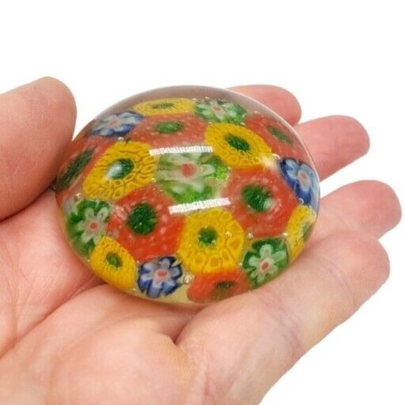 Vintage Art Glass Millefiore Paperwight Retro Flower Orange Yellow Green Blue 2" - Picture 3 of 14